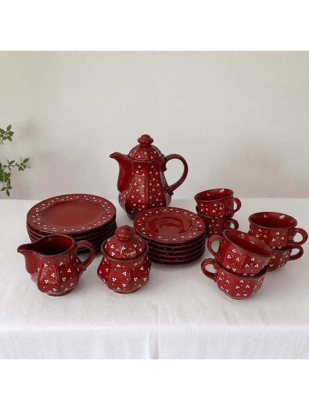 Vintage Pfalzkeramik Anja Red Tea Coffee Set Germany Cups Plates Pot